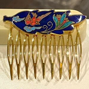 Vintage Cloisonné Bird & Floral Hair Comb
